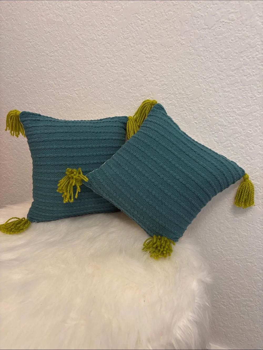 Teal Knit Throw Pillows with Chartreuse Tassels - Set of 2